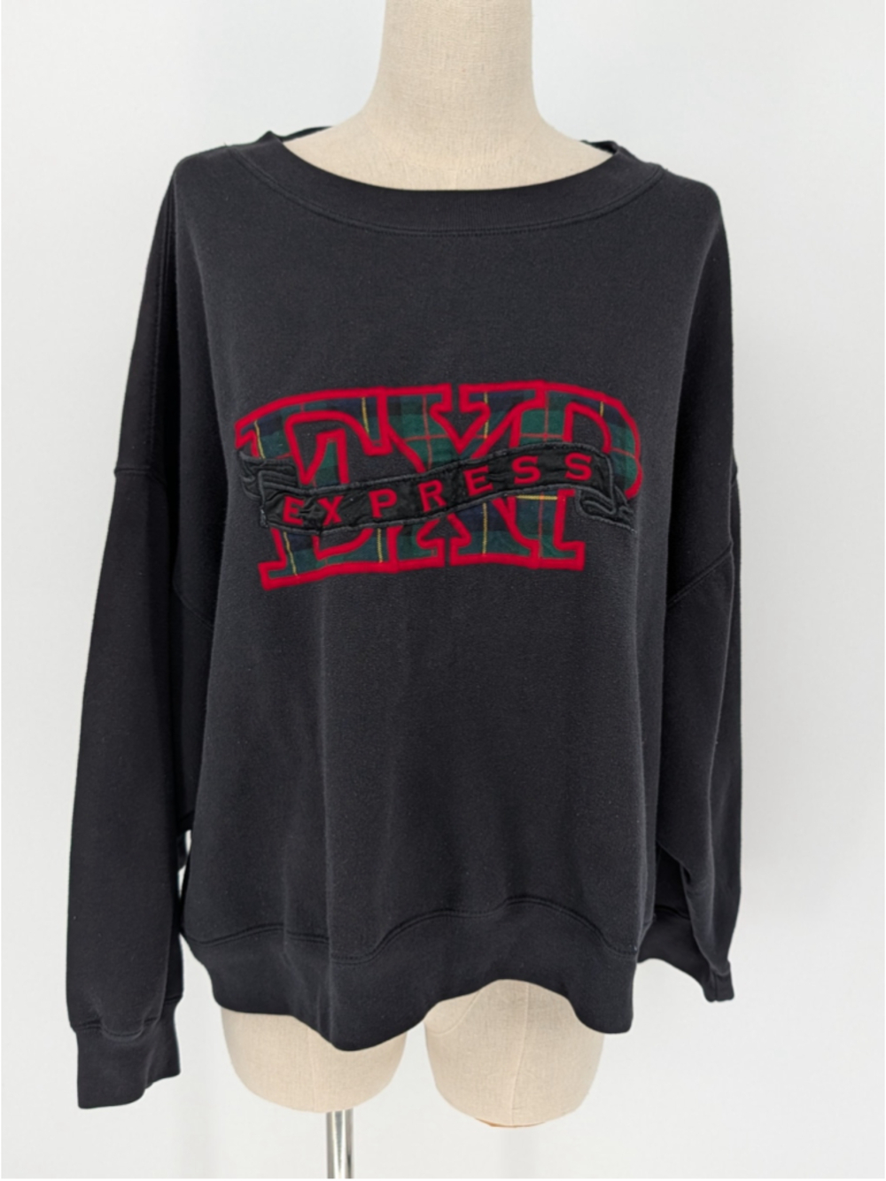 Vintage 90s Express Athletique Sweatshirt L Black Plaid Logo Oversized Boxy